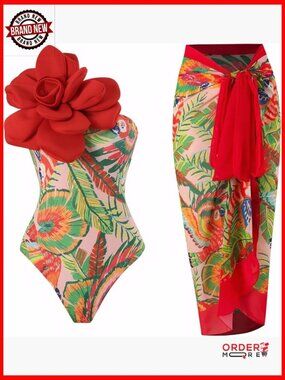 One Shoulder 3D Flower One Piece Swimsuit with Cover Up Set